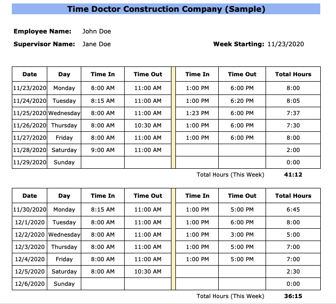 Free Construction Timesheet Template (Excel, PDF, Word)