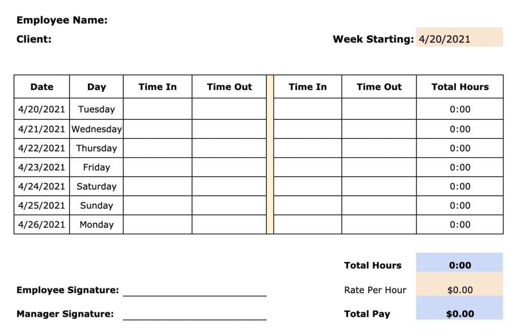 weekly business timesheet for call center