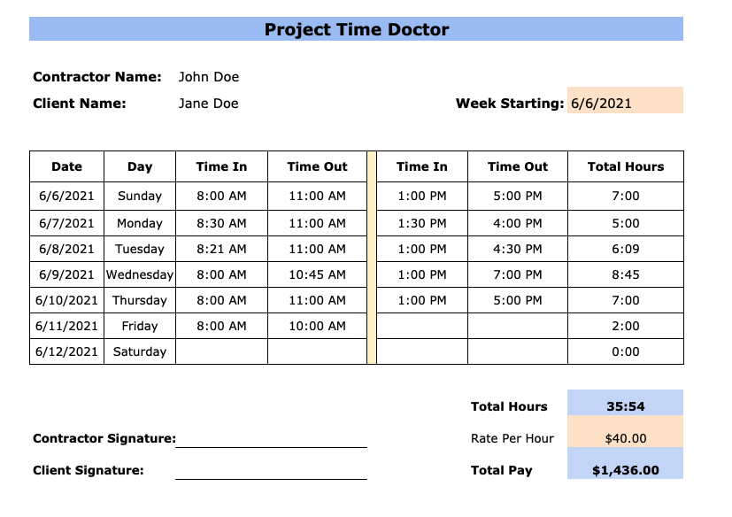 Subcontractor Printable Weekly Time Sheets Free