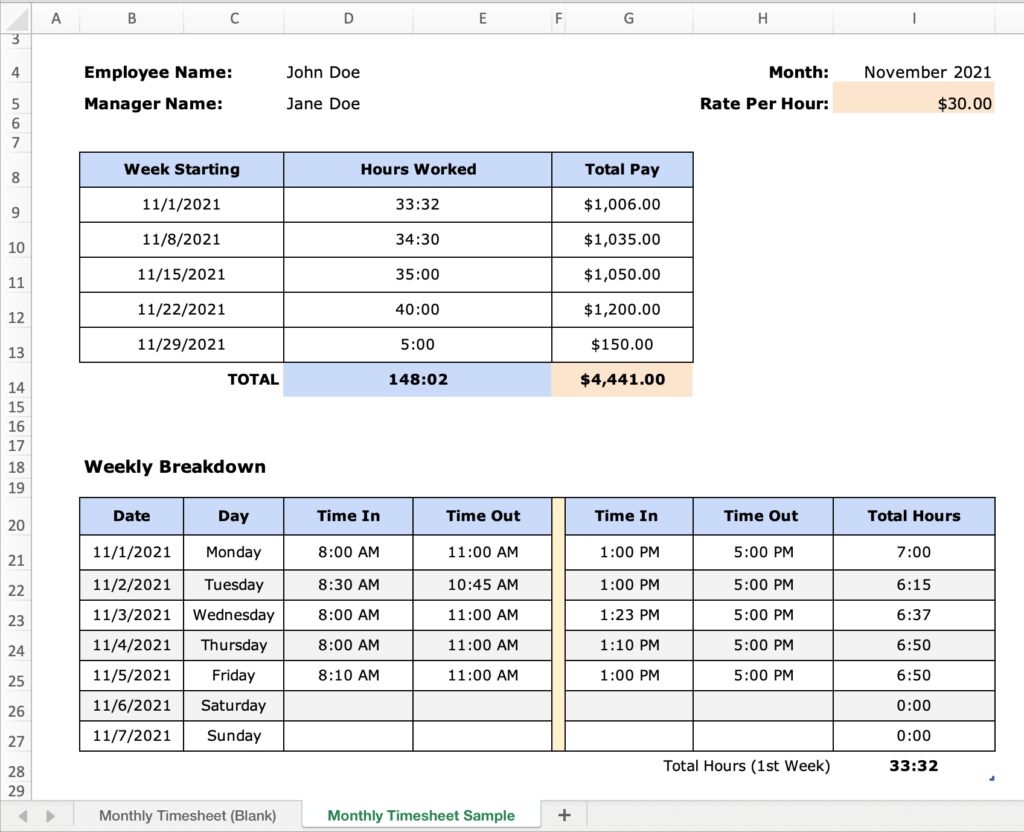 weekly hours spreadsheet