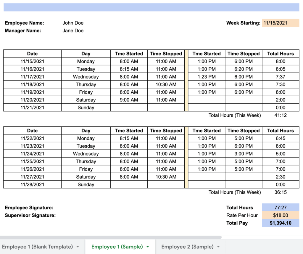 Free Excel Timesheet Template for Multiple Employees (2022) (2022)